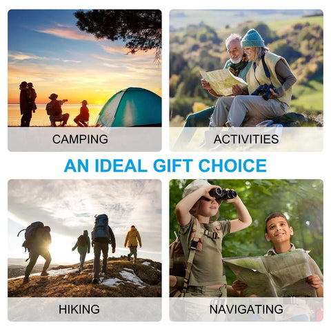 People enjoying camping, hiking, and navigating outdoor activities, an ideal gift choice, featuring Three Pack Trail Ready Hiking Compass With Declination Scale For Backpacking And Camping, Ultra Lightweight Portable Map Navigation Gear With Wearable Neck Lanyard, White.