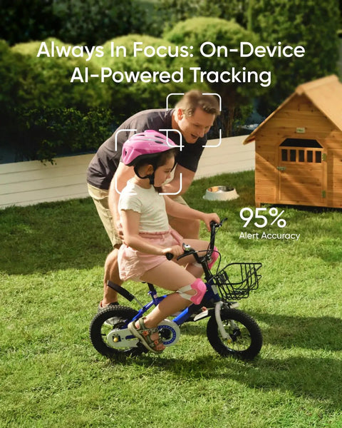 Father assisting child on bike, monitored by SoloCam S340 4 Cam Kit With HomeBase S380 Solar Powered Wireless Outdoor Cameras.