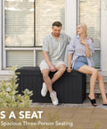 120 Gallon Resin Outdoor Storage Box For Patio And Yard Waterproof Deck Box Bench Lockable Outdoor Storage Chest With Wood Grain Finish Weatherproof And Big Capacity For Tools Cushions Toys used as seating for two people.