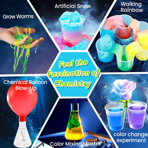 Colorful science experiments from Hands On Science Kit With 250 Plus Experiments For Kids, including slime, snow, and color changing.