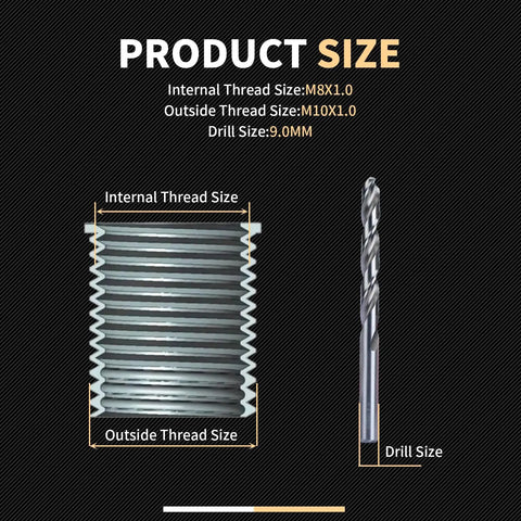 Pro Grade M8x1.0 Thread Repair Kit with internal and outside thread size details, including 9.0mm drill.