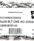 Top Shelf M4 Din84 0.70mm Stainless Steel Machine Screws With Slotted Cheese Heads in packaging, 50 pieces visible.