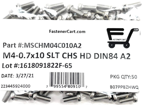 Top Shelf M4 Din84 0.70mm Stainless Steel Machine Screws With Slotted Cheese Heads in packaging, 50 pieces visible.