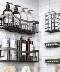 Five Piece No Drill Adhesive Shower Caddy Set with Rustproof Stainless Steel Bathroom Organizer on tiled wall