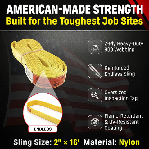 Built Like A Tank 2 Inch By 16 Foot Nylon Endless Lifting Sling Usa Made Heavy Duty Rigging Loop Rated 12800 Pound Vertical And 25600 Pound Girth Hitch For Rough Workflows, yellow nylon endless sling.