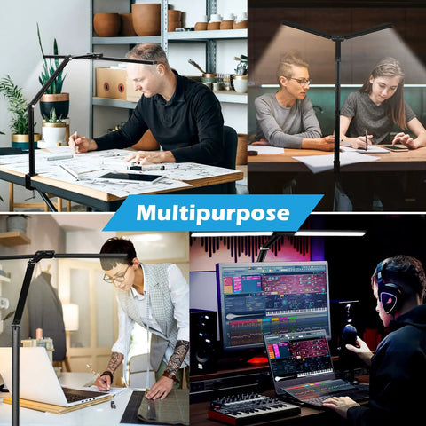 Multiple workspaces with Double Head LED Desk Lamp For Home Office With Auto Dimming And Timer, diverse desk tasks shown