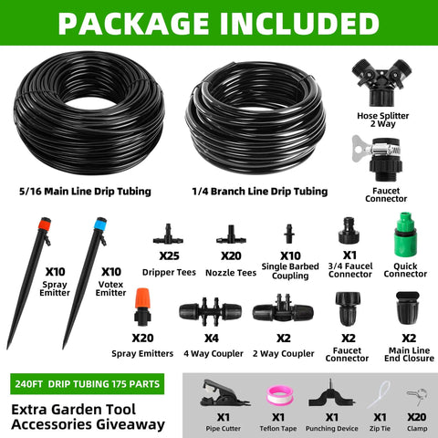 Package contents of 240 Feet DIY Automatic Drip Irrigation Kit For Garden Greenhouse And Patio With Adjustable Emitters Five Sixteenths Inch And Quarter Inch Tubing