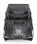 Front view of oil tanned leather tool pouch bag with 10 pockets and 2 hammer holders for carpenters and handymen.