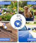 Collage showing Retractable Garden Hose Reel with 10 Patterns Spray Nozzle for garden, pet, floor, and car washing.