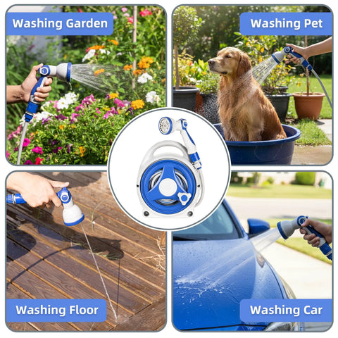 Collage showing Retractable Garden Hose Reel with 10 Patterns Spray Nozzle for garden, pet, floor, and car washing.