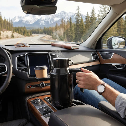 Portable 1300Ml Car Electric Kettle 12V And 24V Plug steaming in car cup holder, ideal for brewing coffee or tea on the go.