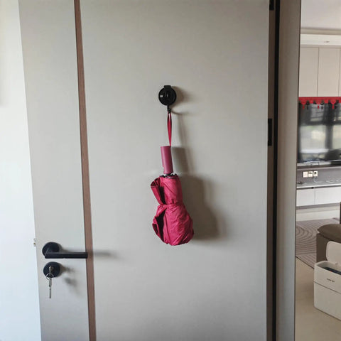Heavy Duty Vacuum Cup Hooks Set No Drill No Holes Removable Suction Hooks for Kitchen Bathroom Restroom Damage Free Install Rust Proof ABS Plastic and TPU Rubber Black Finish 2 Pack with pink umbrella on door