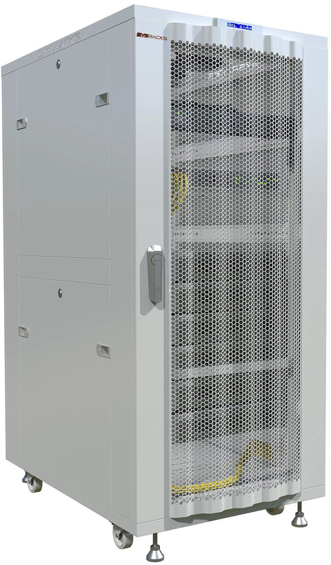 Heavy Duty 42U Server Cabinet With Smooth Rolling Casters Locking Door LCD Screen Cooling Fans Smart Thermo System Plug And Play Powerbar Top Shelf Adjustable Mounting Rails Badass Setup For Rack Hardware 24 X 35 X 84 Inches side view