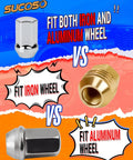Image showing comparison of chrome lug nuts and brass nuts for iron and aluminum wheels. Text highlights fit for both materials.