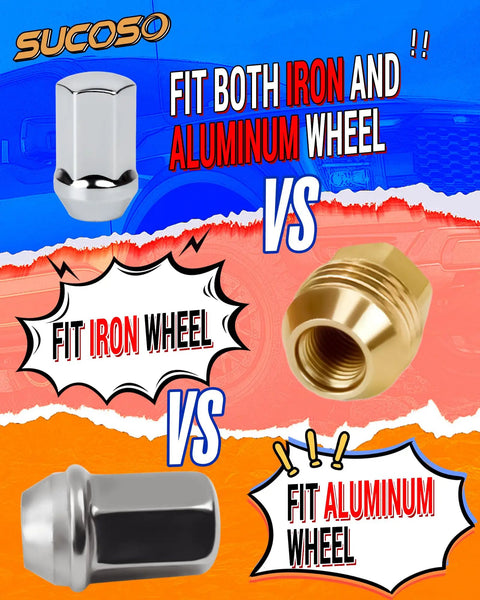 Image showing comparison of chrome lug nuts and brass nuts for iron and aluminum wheels. Text highlights fit for both materials.