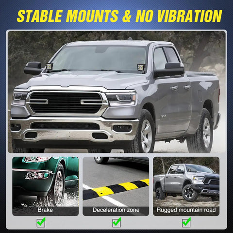 Dodge Ram with ditch light brackets for hood hinges mounts, showcasing stable offroad use in various conditions.