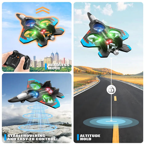 V32 Foam Remote Control Airplane With Light 360 Degree Flip Fighter Jet illustrating headless mode and altitude hold.