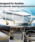 Leak-Proof Quick-Connect Hydraulic Steering Bleed Kit For Boats With Upgraded Detachable Cap And Anti-Slip Thread shown with boat