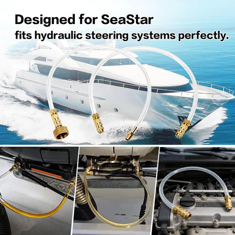Leak-Proof Quick-Connect Hydraulic Steering Bleed Kit For Boats With Upgraded Detachable Cap And Anti-Slip Thread shown with boat