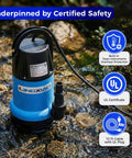 1/2 HP Submersible Trash Pump With Thermoplastic Body Delivers 2370 GPH High Flow Sewage Water Removal For Basements Sumps Wells Portable Design 10ft Power Cord Plug And Play Setup in stream with safety features.