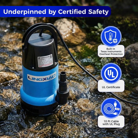 1/2 HP Submersible Trash Pump With Thermoplastic Body Delivers 2370 GPH High Flow Sewage Water Removal For Basements Sumps Wells Portable Design 10ft Power Cord Plug And Play Setup in stream with safety features.