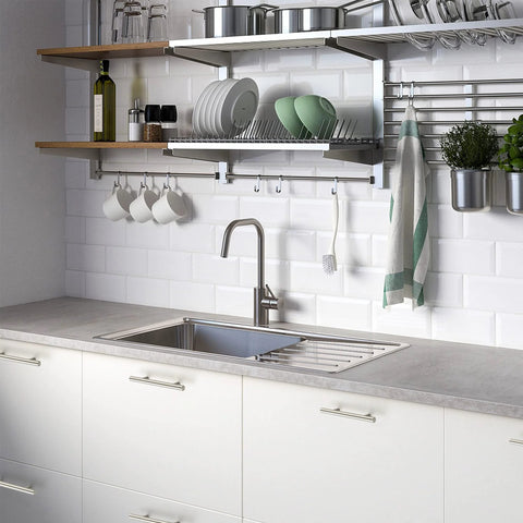 Modern kitchen with 30 Pack 6 Inch Cabinet Pulls In Brushed Nickel Stainless Steel For Kitchen Cupboards And Cabinets, 3.5 Inch Center To Center Hole Spacing, featuring a sleek sink and open shelving.