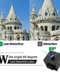 Comparison of low distortion and distortion images of a castle with a wide angle 88 degree low distortion lens displayed.