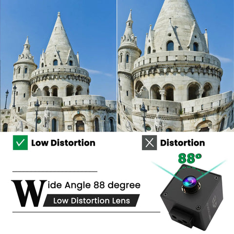 Comparison of low distortion and distortion images of a castle with a wide angle 88 degree low distortion lens displayed.