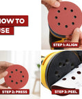 How to use 5 Inch Sanding Discs Hook And Loop 150 Piece Assorted Grit Pack for orbital sander, align, press, and peel steps shown.