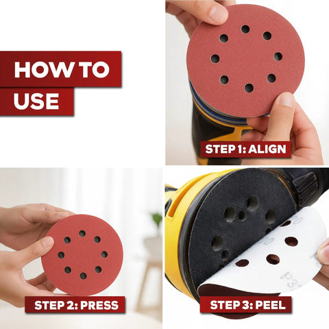 How to use 5 Inch Sanding Discs Hook And Loop 150 Piece Assorted Grit Pack for orbital sander, align, press, and peel steps shown.