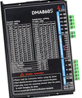 Front panel of DMA860S 2-Phase Stepper Driver with settings chart for CNC routers and engraving machines.