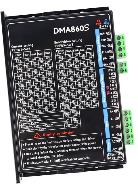 Front panel of DMA860S 2-Phase Stepper Driver with settings chart for CNC routers and engraving machines.