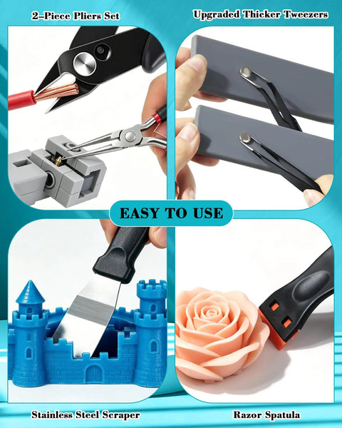 Top Shelf 78 Piece 3D Printer Tool Kit With Tough Storage Case For All FDM And SLA Printers, includes pliers, tweezers, and scrapers.