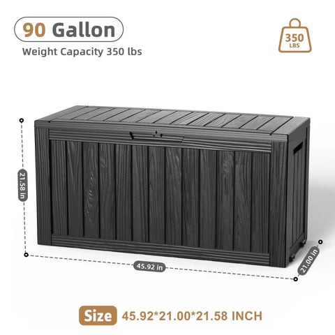 90 Gallon Outdoor Deck Box With Wheels Lockable Waterproof Weatherproof Resin Storage Chest for patio furniture cushions