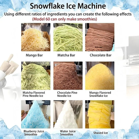 Heavy Duty Electric Ice Shaver Machine Crushing Blocks For Fluffy Snowflake Ice With Smart Air Cooling Setup Made For Food Trucks Milk Tea Shops And Patio Hangouts 750W Heavy Hitter showing various flavored ice textures and smoothies.
