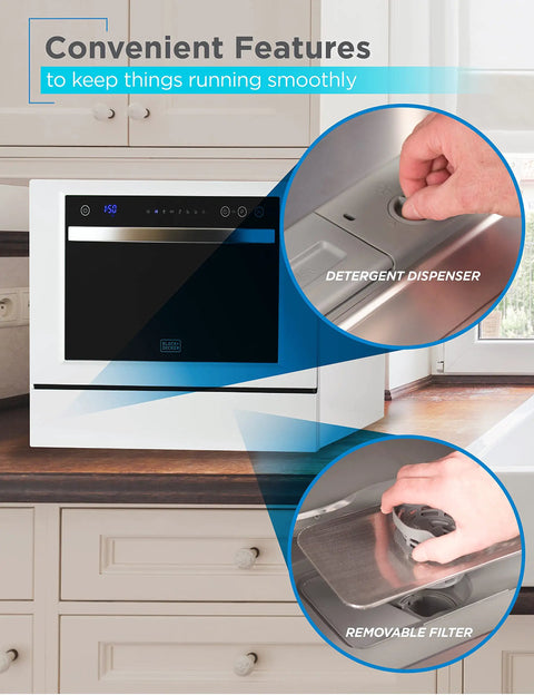 No Sweat Countertop Dishwasher Featuring Seven Heavy Duty Cycles And Certified Energy Star Efficiency For Quick Clean Rounds And Studio Apartment Layouts In Crisp White with visible detergent dispenser and removable filter.