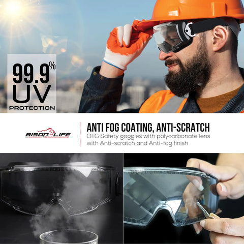 Over Glasses Safety Goggles For Prescription Wearers, ANSI Z87.1 anti fog, impact resistant, shown in use at construction site