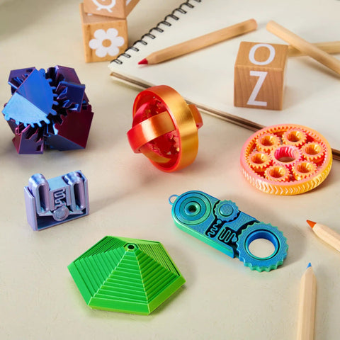 Six Pack 3D Printed Fidget Gear Set With Spin Fractal Gears And Click Mechanisms, Metallic Finish, Great For ADHD And Autism Relief, Kids And Adults, Desk Decor And Party Favors