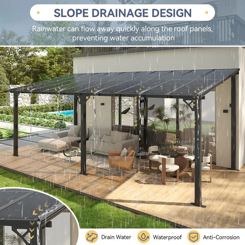 10 Ft By 20 Ft Lean To Gazebo With Hardtop Metal Pergola And Polycarbonate Roof, Wall Mounted Heavy Duty Awnings on patio