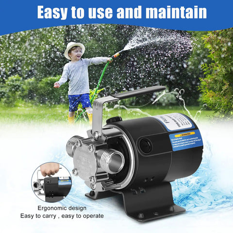 Ready To Roll Heavy Duty 1/10 Hp Electric Water Transfer Pump Delivering 330 Gph Flow With 40 Ft Lift, shown in ergonomic design near child spraying water.