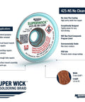 MG Chemicals 425-NS No Clean Super Wick Desoldering Braid packaging showing details and specifications; width 0.08 inch, length 5 foot.