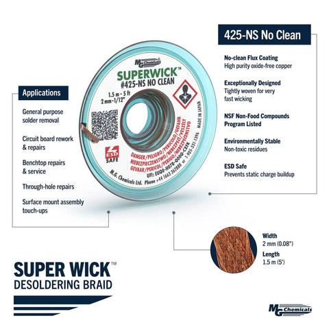 MG Chemicals 425-NS No Clean Super Wick Desoldering Braid packaging showing details and specifications; width 0.08 inch, length 5 foot.