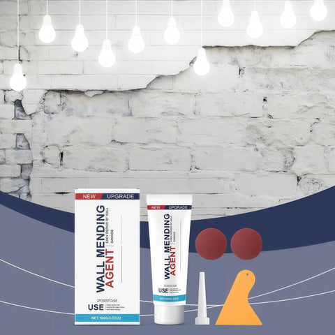 All In One Wall Repair Kit With Spackle And Scraper For Quick Drying And Easy Hole Filling In Drywall Patch Cracks Fast DIY Home Fix While Sanding After Drying For A Smooth Finish No Mess 100g displayed with components against brick wall.