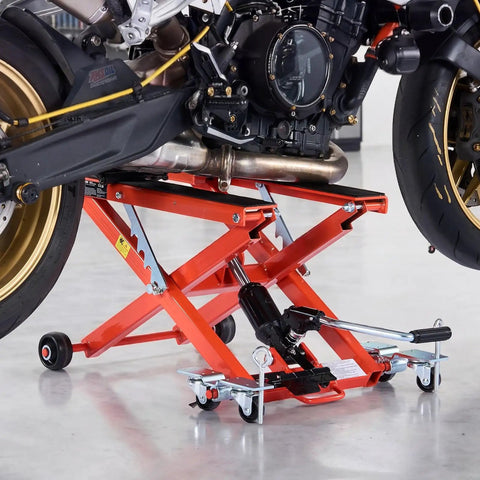 Hydraulic Motorcycle Lift Jack 1100 Lbs Capacity, Portable Scissor Lift Stand With Six Wheels, Foot Operated Hoist For Dirt Bikes, Adjustable Height From 4.72 To 15.15 Inches, Easy Use And Maintenance