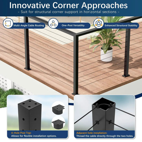 Slick Black 36 Inch Cable Railing Corner Post Featuring Ten Pre Drilled Deck Mounting Holes showing innovative design for sturdy deck and fence support.