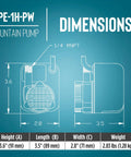 Diagram of Tiny But Mighty Submersible Fountain Pump 115V 0.008 HP Epoxy Encapsulated with dimensions and weight details.