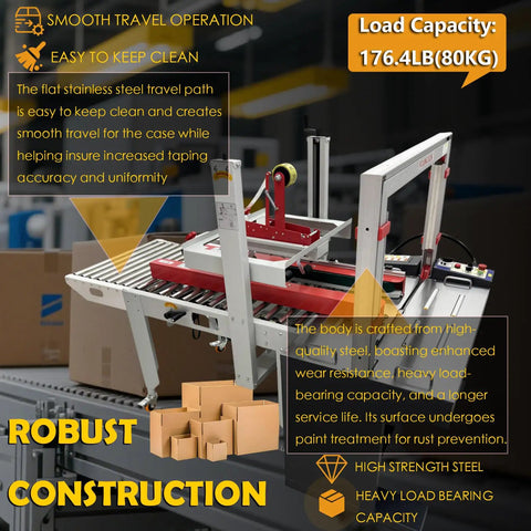 Top Shelf Automatic Carton Sealer And Strapping Machine Combo showing stainless steel body and robust construction for 400-600 boxes per hour.