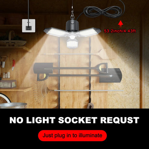 Plug In Garage Light With Motion Sensor 80W 8000LM Deformable LED Shop Light for Basement with plug visible, installed indoors
