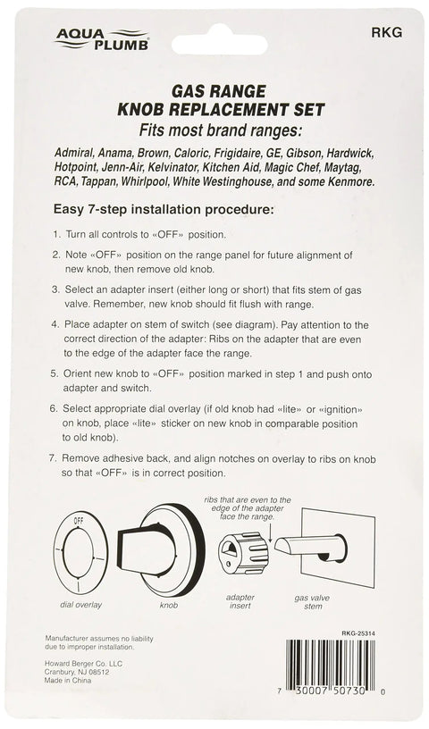 Back of packaging showing Gas Range Knob Set RKG Five Piece Carded Replacement Knobs Color Coded With Easy Instructions.