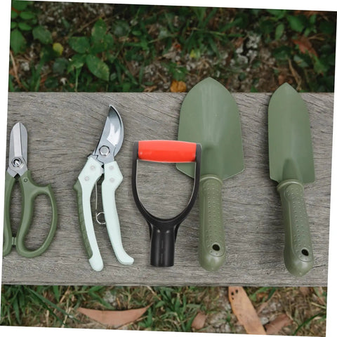 Two Piece D Shaped Shovel Handle Replacement With Comfortable Grip For Shovels And Forks Durable Non Slip Design Easy Installation Ideal For Gardening And Yard Work shown with garden tools on wooden bench.
